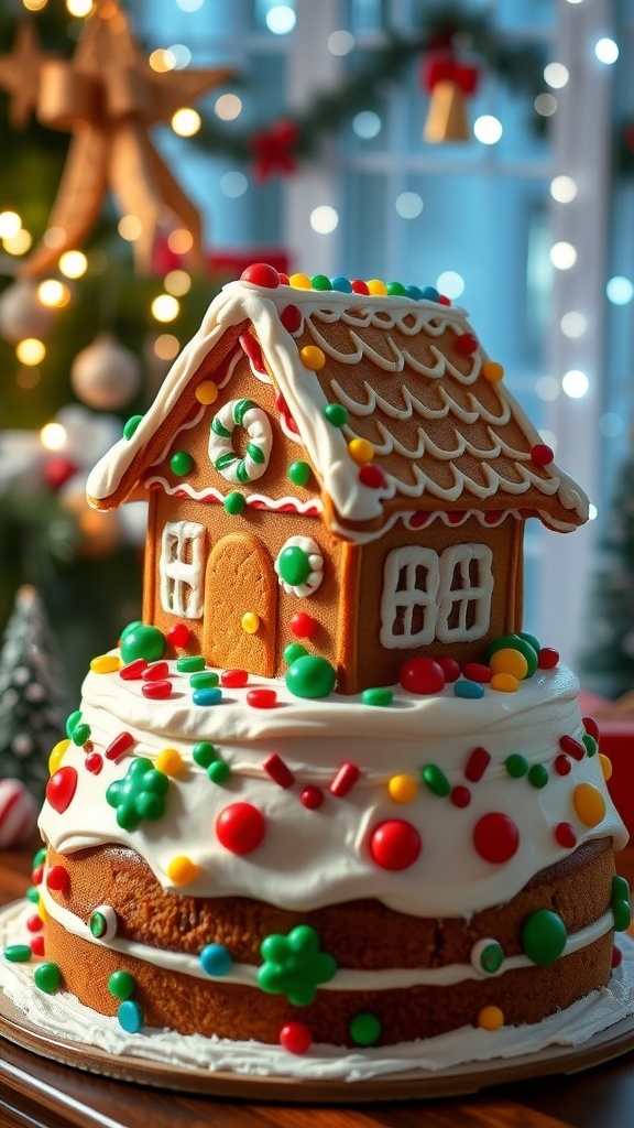 A festive gingerbread house cake decorated with candies and icing, perfect for Christmas celebrations.